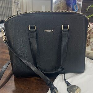 Furla Black Satchel Bag with Gold Accents